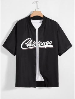Men 1pc Letter Graphic Baseball Collar Shirt