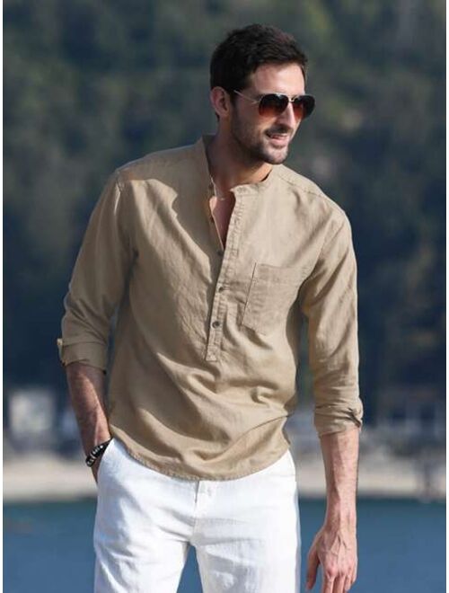 NITAGUT Men Solid Half Button Shirt