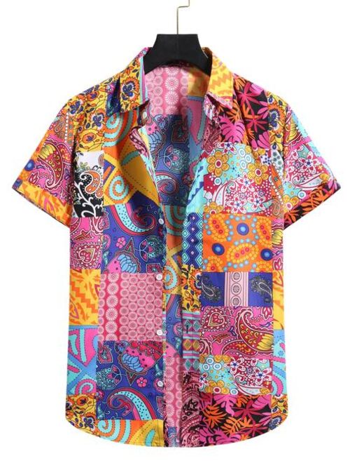 ROMWE Guys Paisley Patchwork Button Front Shirt