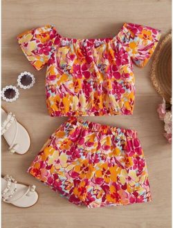 Toddler Girls Floral Print Off Shoulder Top Shorts