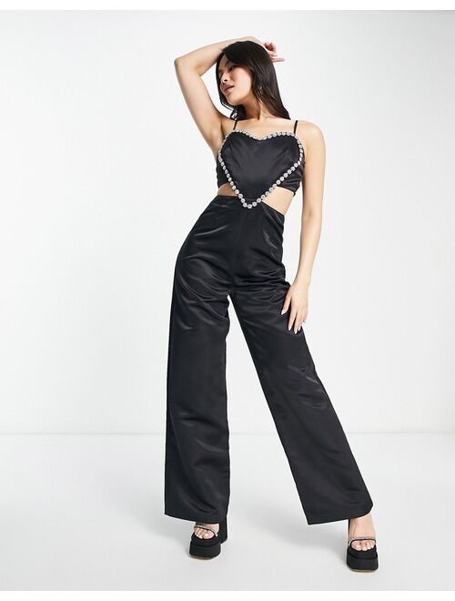 Collective the Label exclusive embellished heart wide leg jumpsuit in black