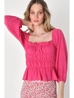 Flirty Reveal Hot Pink Smocked Puff Sleeve Lace-Up Crop Top