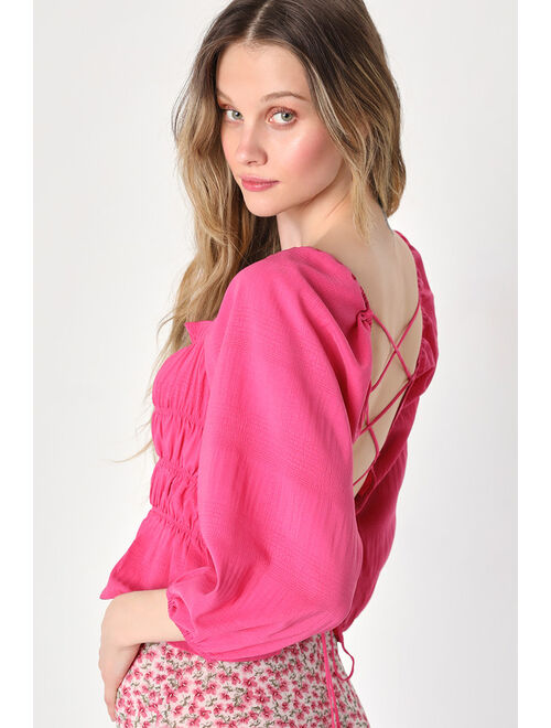 Lulus Flirty Reveal Hot Pink Smocked Puff Sleeve Lace-Up Crop Top