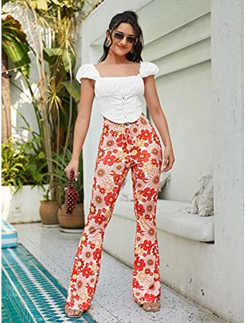 Romwe Women's Bootcut High Waisted Yoga Pants Sunflower Print Wide Leg Pants Trousers
