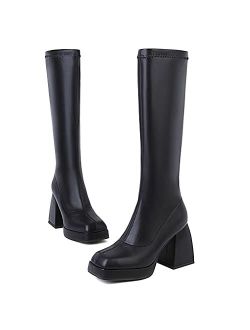SO SIMPOK Women Flower Chunky Heel Knee High Boots Square Toe Goth Platform Boots Combat Riding Boots Gogo Boots