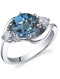 London Blue Topaz 3-Stone Ring for Women 925 Sterling Silver, Natural Gemstone, 2.25 Carats Round Shape 8mm, Sizes 5 to 9