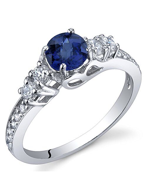 Peora Created Blue Sapphire Women Ring 925 Sterling Silver, Enchanting Solstice Design, 0.75 Carat Round 5mm Sizes 5 to 9