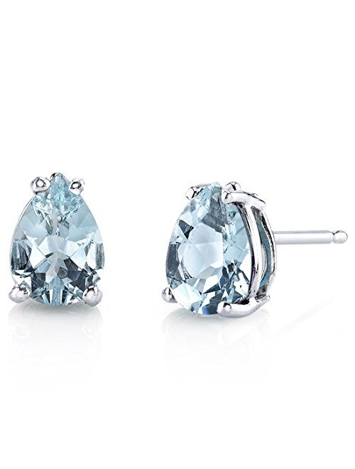Peora Solid 14K White Gold Aquamarine Earrings for Women, Genuine Gemstone Birthstone Teardrop Solitaire Studs, 1 Carat total Pear Shape 7x5mm, Friction Backs