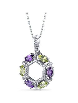 Amethyst and Peridot Dainty Wreath Pendant Necklace for Women 925 Sterling Silver, Natural Gemstone Birthstone, 1.50 Carats total Marquise Shape, with 18 inch Chain