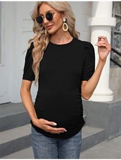 FUNJULY Maternity Shirts Women's Casual Floral Print Tops Pregnancy Puff Short Sleeve Striped Ruched Side Tunic Top