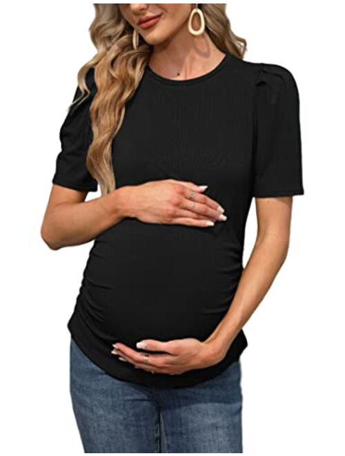 FUNJULY Maternity Shirts Women's Casual Floral Print Tops Pregnancy Puff Short Sleeve Striped Ruched Side Tunic Top