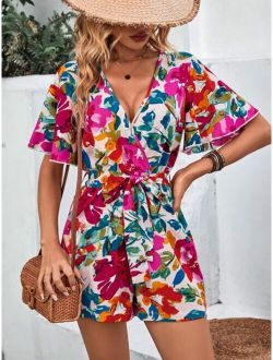 VCAY Floral Print Butterfly Sleeve Belted Romper