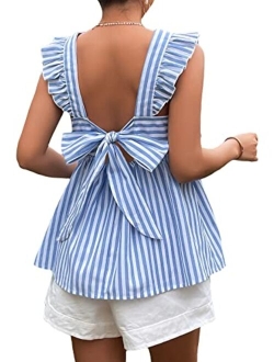 Women's Striped Print Boat Neck Tie Back Sleeveless Maternity Peplum Blouse Tops