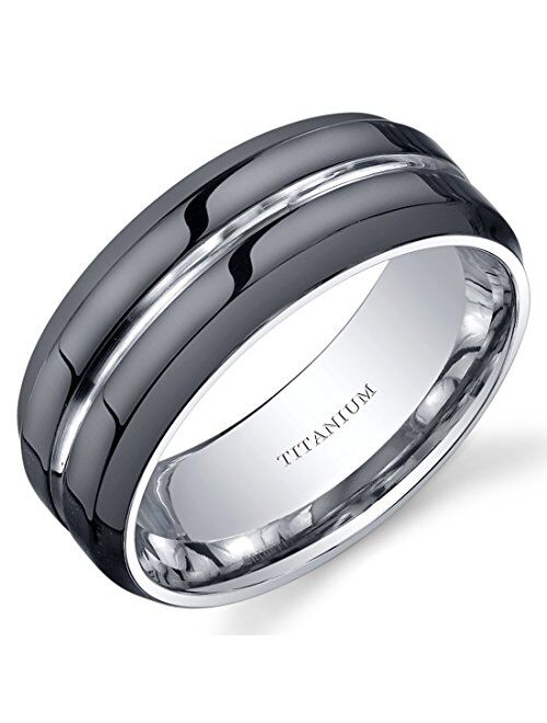 Peora Modern 8mm Men's Genuine Black Titanium Wedding Ring Band, Comfort Fit, Sizes 8 to 13