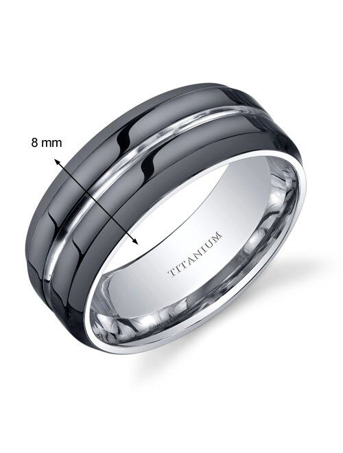 Peora Modern 8mm Men's Genuine Black Titanium Wedding Ring Band, Comfort Fit, Sizes 8 to 13