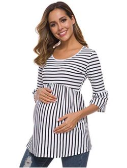 Ecavus Womens Casual Maternity Tops Striped Peplum 3/4 Ruffle Sleeve Shirt Ultra Soft Pregnancy Clothing