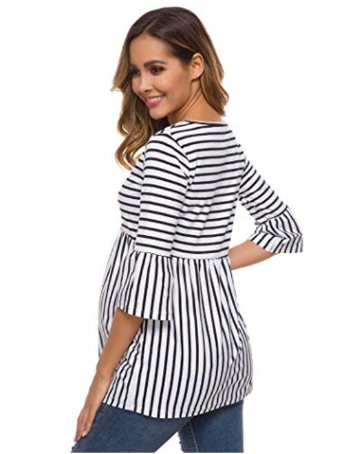 Ecavus Womens Casual Maternity Tops Striped Peplum 3/4 Ruffle Sleeve Shirt Ultra Soft Pregnancy Clothing