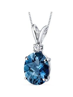 London Blue Topaz with Diamond Solitaire Pendant for Women 14K White Gold, Genuine Gemstone Birthstone, 3 Carats Oval Shape 10x8mm