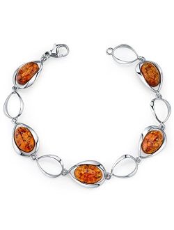 Genuine Baltic Amber Bracelet in Sterling Silver, Floating Oval Shape Design, Rich Cognac Color