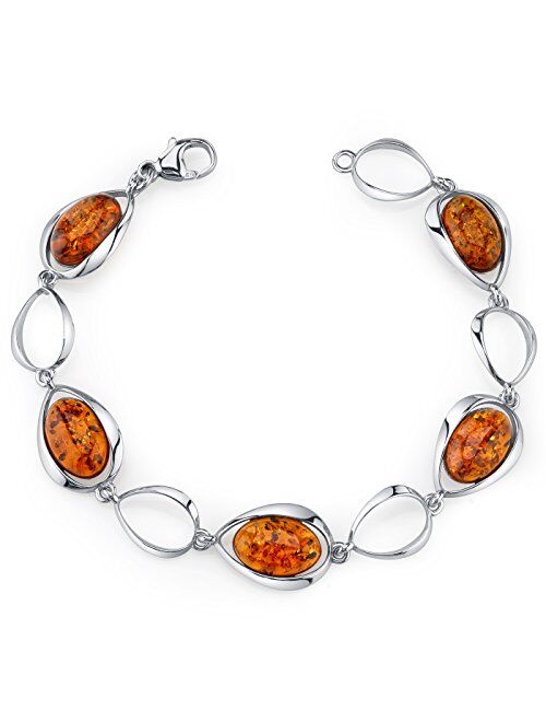 Peora Genuine Baltic Amber Bracelet in Sterling Silver, Floating Oval Shape Design, Rich Cognac Color