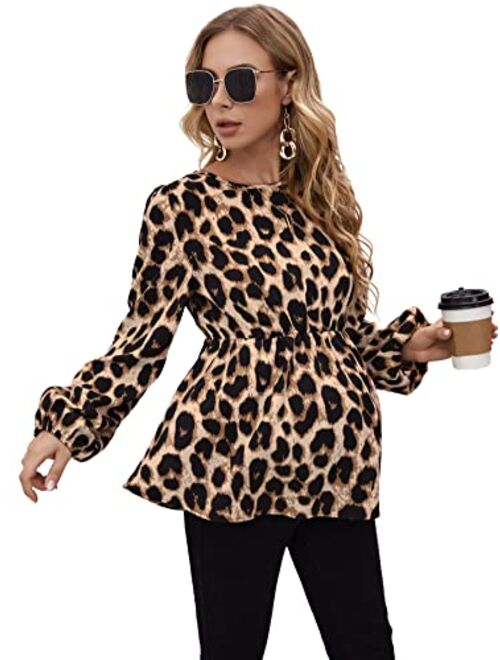 MakeMeChic Women's Maternity Shirts Leopard Long Sleeve Pregnancy Peplum Blouse