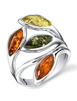 Genuine Baltic Amber Leaf Ring for Women 925 Sterling Silver, Rich Cognac, Olive Green, Honey Yellow Colors, Sizes 5 to 9