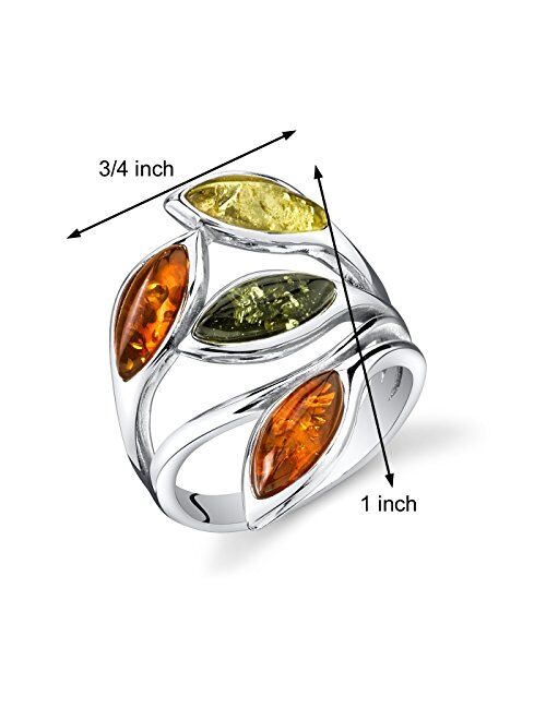 Peora Genuine Baltic Amber Leaf Ring for Women 925 Sterling Silver, Rich Cognac, Olive Green, Honey Yellow Colors, Sizes 5 to 9