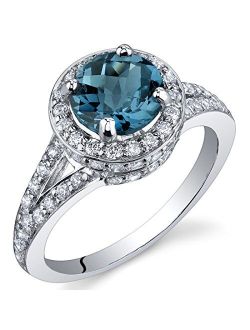 London Blue Topaz Ring for Women 925 Sterling Silver, Vintage Halo Design, Natural Gemstone, 1.50 Round Shape 7mm, Sizes 5 to 9