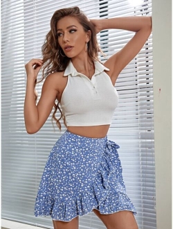 Frenchy Ditsy Floral Ruffle Trim Wrap Knot Skirt