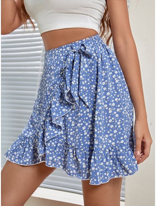 SHEIN Frenchy Ditsy Floral Ruffle Trim Wrap Knot Skirt