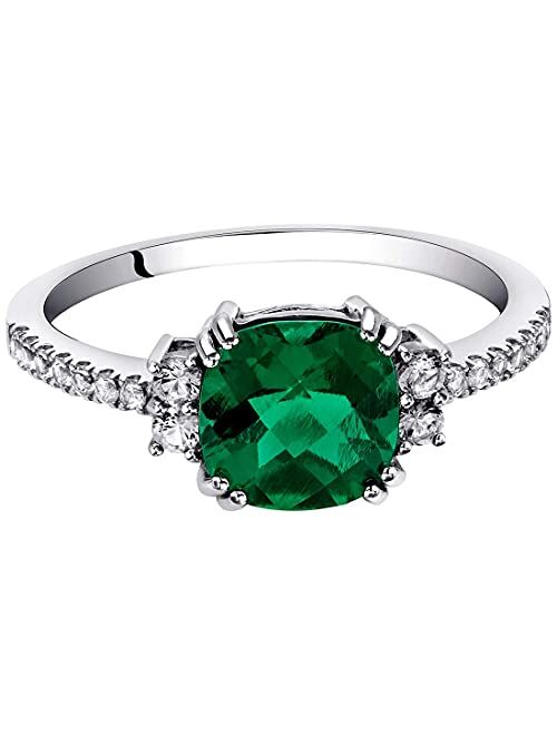 Peora Created Emerald Ring in 14K White Gold with Genuine White Topaz, Designer Cushion Cut, 2 Carats, Comfort Fit, Sizes 5 to 9