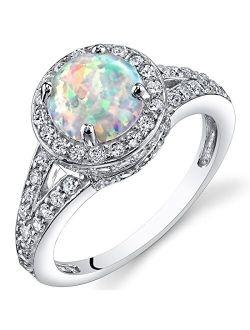 Created White Fire Opal Ring for Women 925 Sterling Silver, Vintage Halo Design, 1.25 Carats Round Shape 7mm Sizes 5 to 9