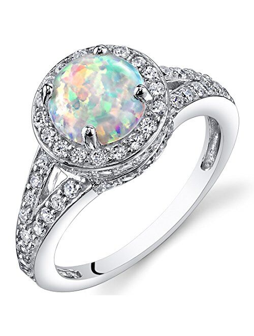 Peora Created White Fire Opal Ring for Women 925 Sterling Silver, Vintage Halo Design, 1.25 Carats Round Shape 7mm Sizes 5 to 9