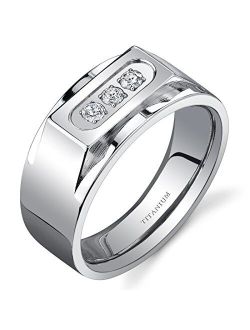 Men's Genuine Titanium Wedding Ring Band, 10mm, Designer 3-Stone Flat Top, Comfort Fit, Sizes 8 to 13