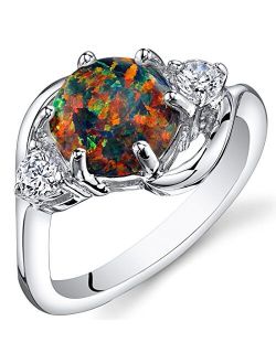 Created Black Fire Opal Ring for Women 925 Sterling Silver, Stunning Three Stone Design, 1.75 Carats Round Shape 8mm, Sizes 5 to 9