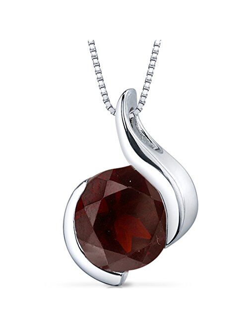 Peora Garnet Open Bezel Wave Pendant Necklace for Women 925 Sterling Silver, Natural Gemstone Birthstone, 2.50 Carats Round 8mm, with 18 inch Chain