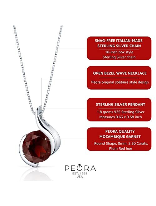 Peora Garnet Open Bezel Wave Pendant Necklace for Women 925 Sterling Silver, Natural Gemstone Birthstone, 2.50 Carats Round 8mm, with 18 inch Chain