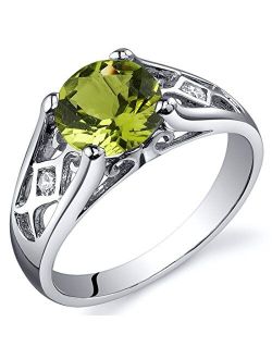 Genuine Peridot Ring for Women 925 Sterling Silver, 1.25 Carats Round Shape, Cathedral Style Solitaire, Sizes 5 to 9