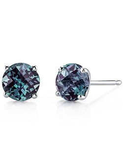 Solid 14K White Gold Created Alexandrite Stud Earrings for Women, Classic Solitaire Round Shape, 6mm, 2 Carats total, Friction Back
