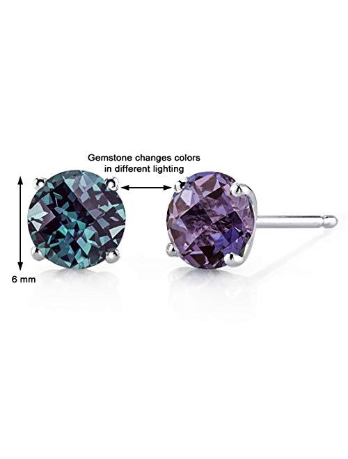 Peora Solid 14K White Gold Created Alexandrite Stud Earrings for Women, Classic Solitaire Round Shape, 6mm, 2 Carats total, Friction Back