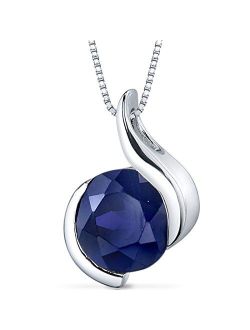 Created Blue Sapphire Pendant Necklace for Women 925 Sterling Silver, Open Bezel Wave Solitaire, 2.75 Carats Round Shape 8mm with 18 inch Chain