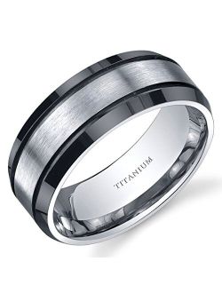 Classic Men's Genuine Titanium Wedding Band Ring, Black and Silver Tone, 8mm Beveled Edge Comfort Fit, Sizes 8 to 13