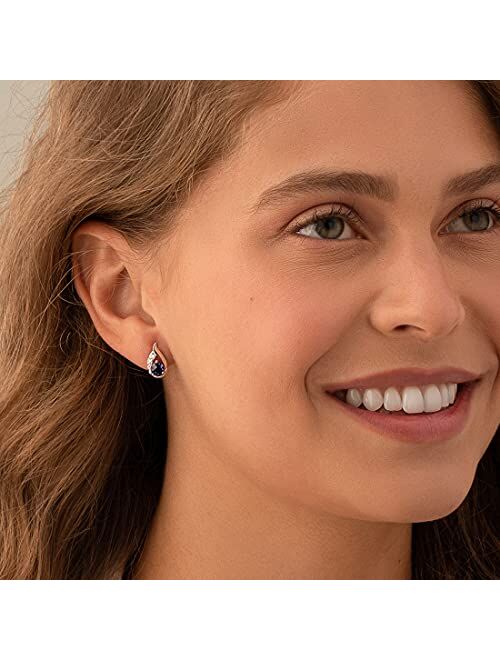 Peora Created Blue Sapphire Earrings 925 Sterling Silver, Radiant Teardrop Studs, 1.50 Carats Total Round Shape 5mm, Friction Back