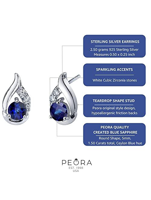 Peora Created Blue Sapphire Earrings 925 Sterling Silver, Radiant Teardrop Studs, 1.50 Carats Total Round Shape 5mm, Friction Back