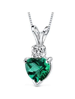 Solid 14K White Gold Created Emerald with Genuine Diamond Pendant for Women, Heart Shape Solitaire, 6mm