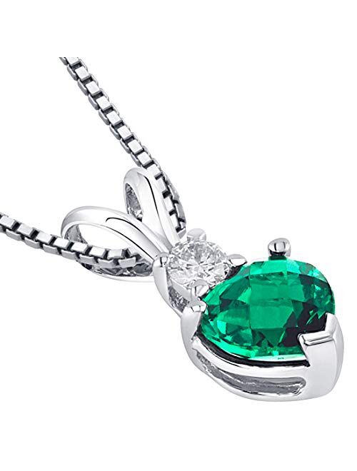 Peora Solid 14K White Gold Created Emerald with Genuine Diamond Pendant for Women, Heart Shape Solitaire, 6mm