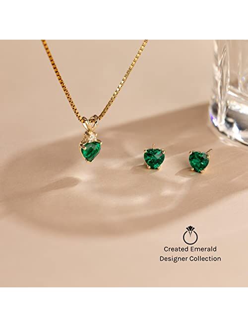 Peora Solid 14K White Gold Created Emerald with Genuine Diamond Pendant for Women, Heart Shape Solitaire, 6mm