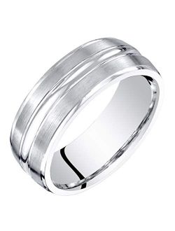 Men's 7mm 14K White Gold Wedding Ring Band, Brushed Matte with Polished Grooves, Comfort Fit Sizes 8 to 16