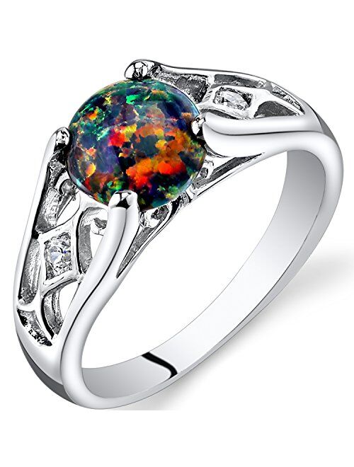 Peora Created Black Fire Opal Ring for Women 925 Sterling Silver, Venetian Vintage Design, 1 Carat Round Shape 7mm, Sizes 5 to 9