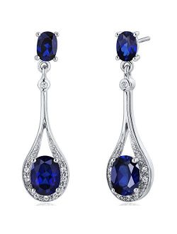 Created Blue Sapphire Dangle Earrings 925 Sterling Silver, Halo Drop Oval Shape, 5 Carats total, Friction Backs